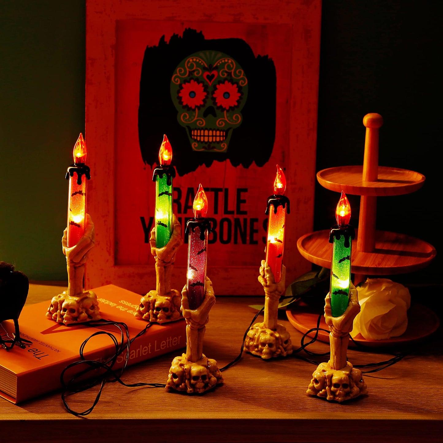 LJLNION Halloween Decorations, 5 Pack Tabletop Candle Lights with Skeleton Ghost Hand, Waterproof Lighted Yard Stakes, Battery Operated for Light Up Halloween Indoor/Outdoor Garden Decor