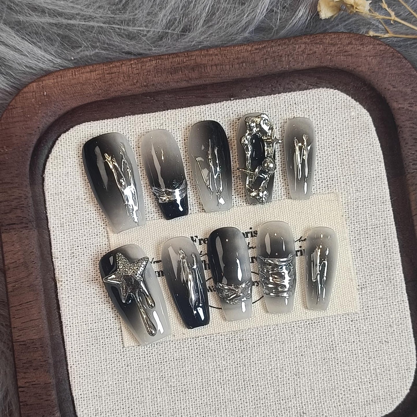 TENPAL 10PCS Medium Coffin Press on Nails with Tools Kit - Airbrush Metallic Color Clash & Gothic 3D Charms Glue on Nails | Rebel Sweetheart Fake Nails | Dark Abstract Gradient False Manicure Set(XS)