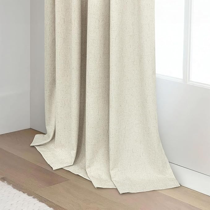 Black Out Burlap Curtains 63 Inch Long Faux Linen Farmhouse Bedroom Blackout Curtain 63 Inches Length 2 Panels Set Energy Saving Noise Reducing Nursery Drape for Bay Window Back Tab Pocket Cream Beige