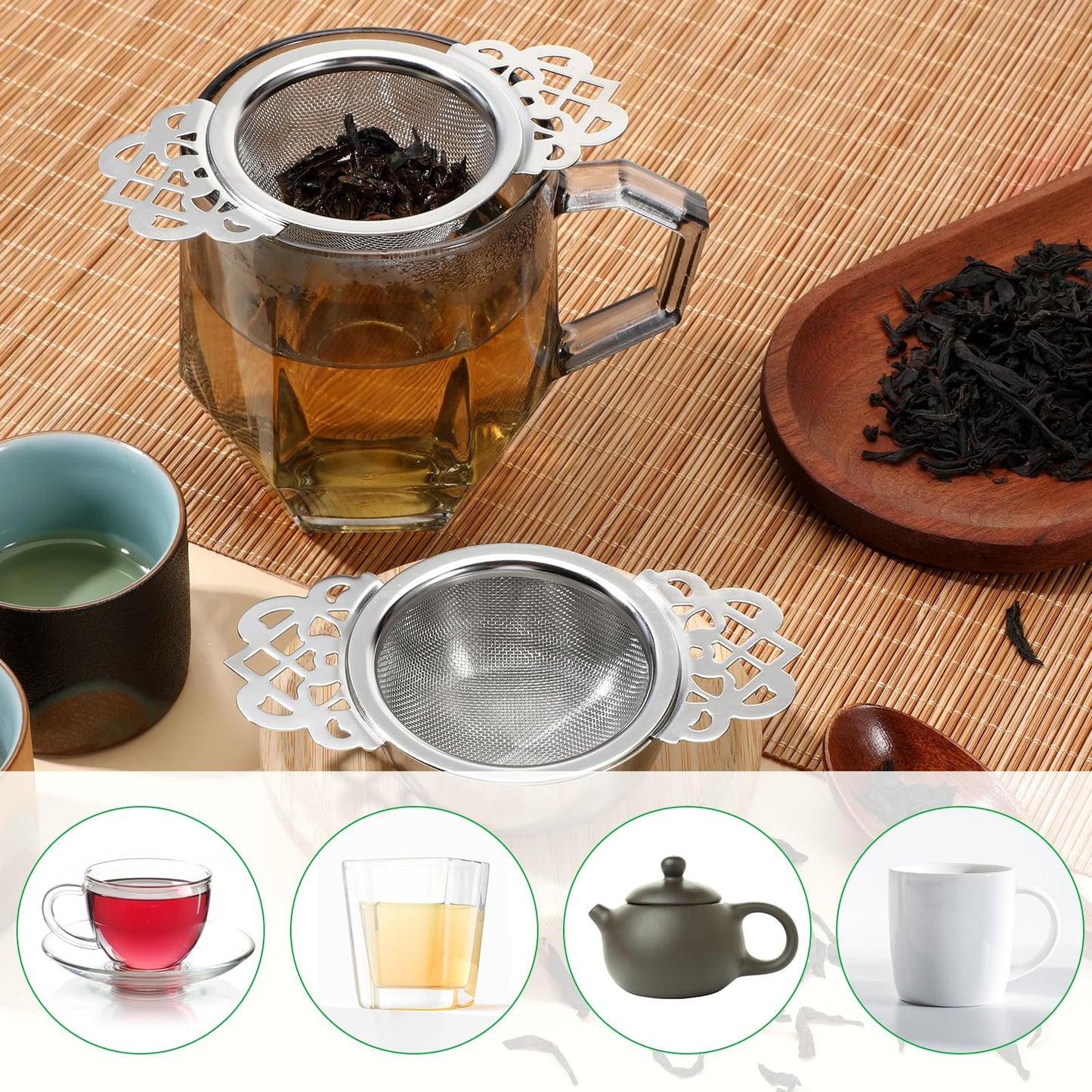 Oqqlin 8 Pcs Mesh Tea Filter Strainers, 304 Stainless Steel Loose Tea Infuser Strainer with Petal Handles and Drip Bowl for Juice Coffee Filter, Sliver, 2.5 Inch
