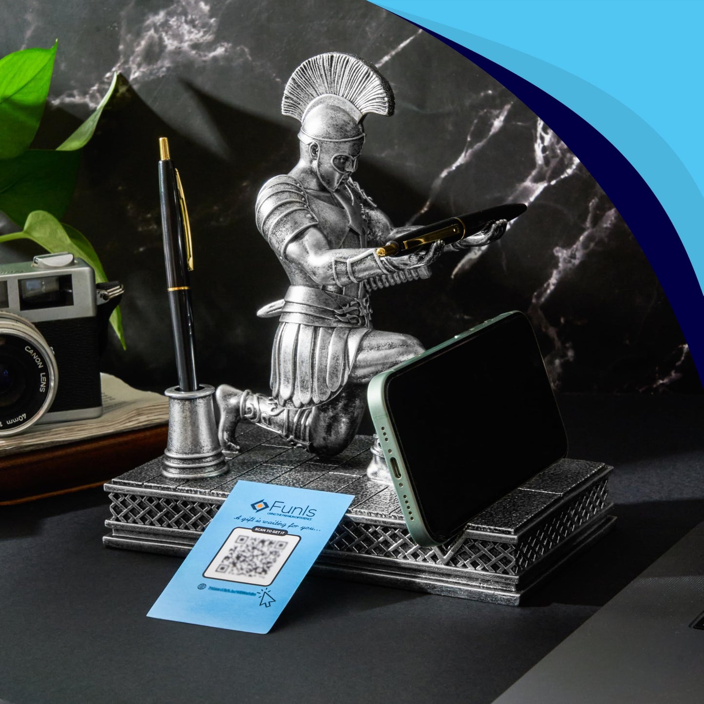 FUNIS Knight Pen Holder for Desk - Medieval Roman Knight Statue with 2 Pen Slots and Phone Stand - Cool Desk Decor for Men - Unique Executive Gift for Him