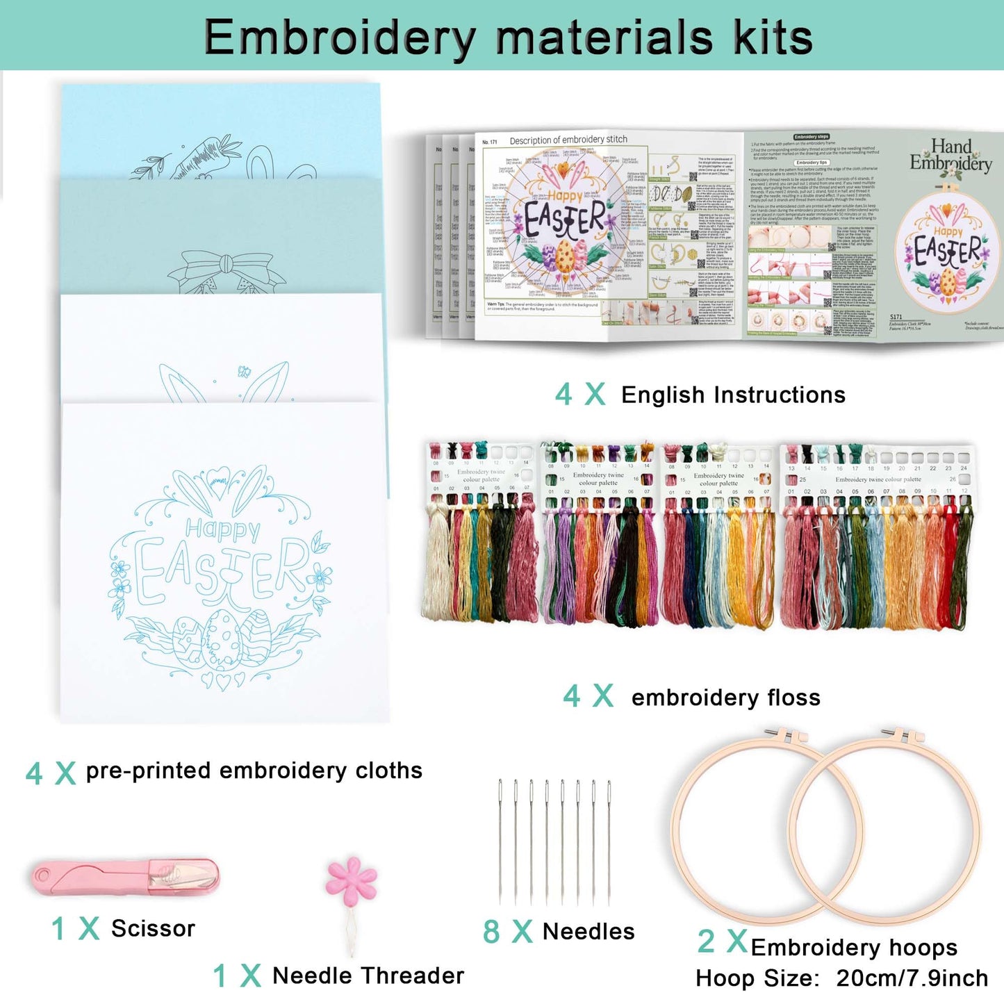 REEWISLY S166+169+170+171 4set 4set Beginner Embroidery Kit for Adults, 4 Floral Patterns with 2 Hoops, Embroidery Starter Kit with Needles & Floss, Cross Stitch Kits for Beginners