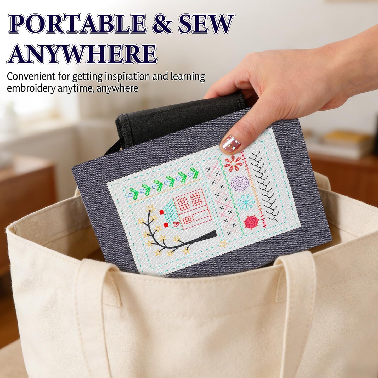 COLORCASA New Embroidery Stitch Book Kit,Embroidery Learning Book,Comes with a Complete Tool kit and Instructional Tutorial,106 Patterns for Beginners Craft Lovers and Sew Enthusiast