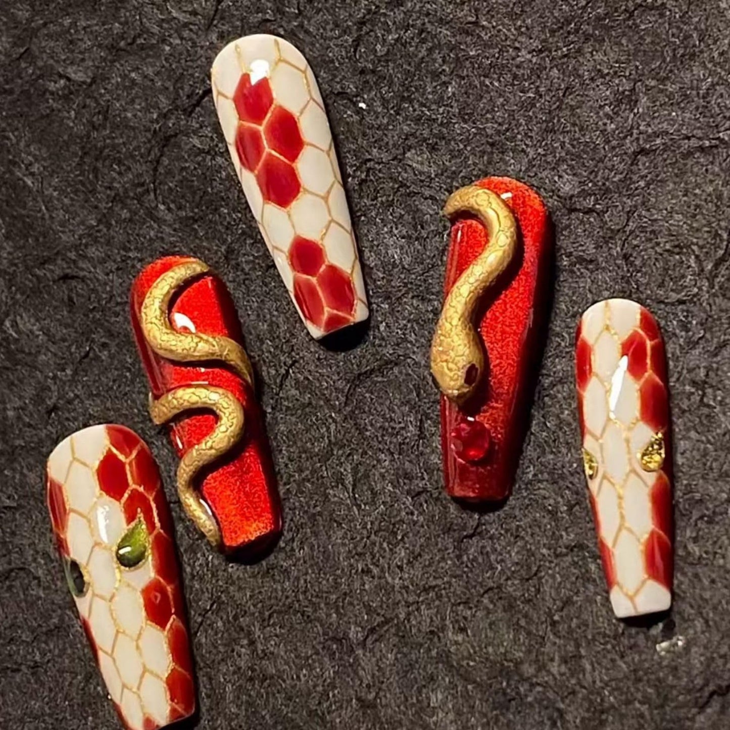 QQPPOLIU Red Press on Nails Coffin Shape Glue on Nails with Snake Pattern Design Fake Nails Long Nails Press Ons for Women and Girls 24Pcs