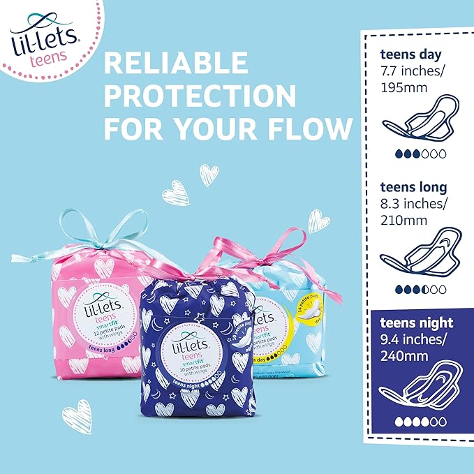 Lil-Lets Teens Night Pads with Wings - 50 Count Period Pads - Thin, Super Absorbent Sanitary Napkins, Soft & Breathable, Fragrance Free - First Periods, Heavy Flow Nights