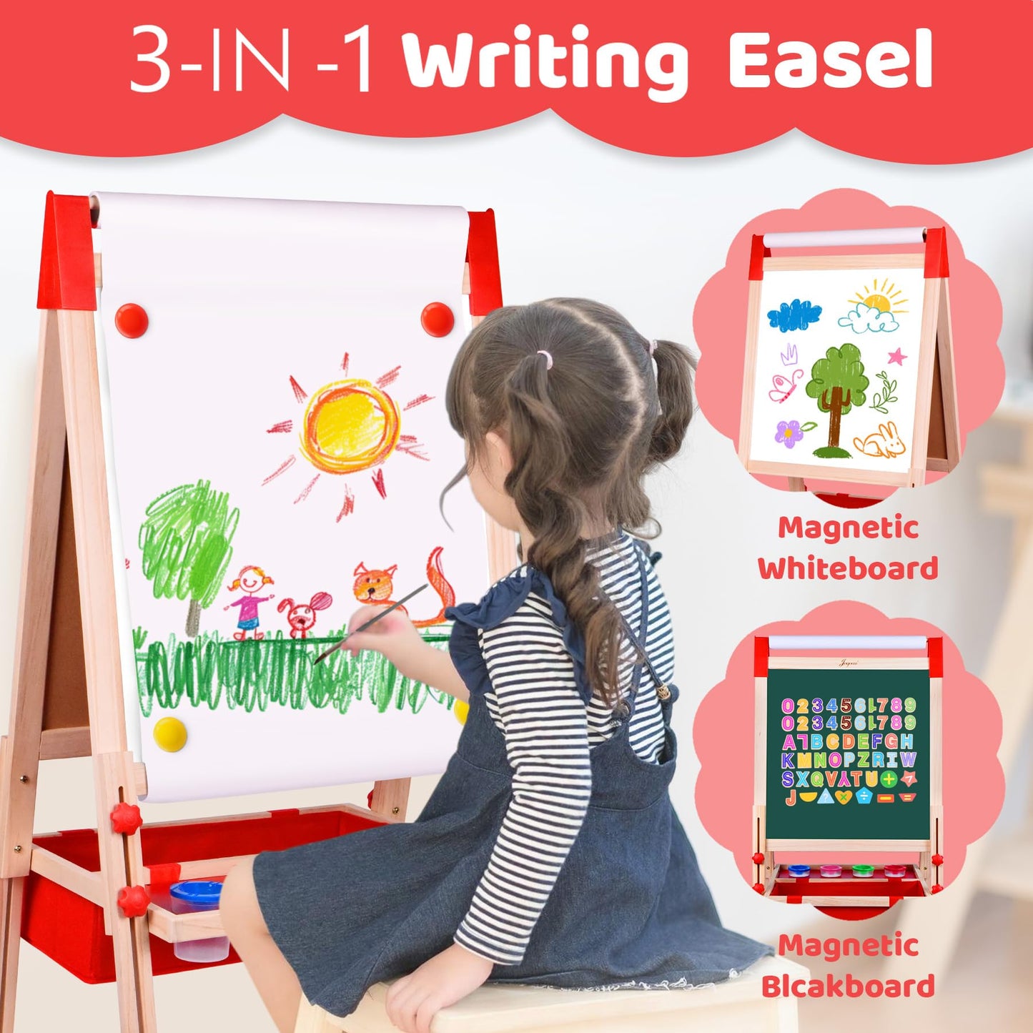 Joyooss Art Easel for Kids Easel for Toddlers,Adjustable Standing Double Sided Toddler Easels Kid Art Chalkboard with Paper Roll & Whiteboard,Easel for Kids Age 4-8 9-12