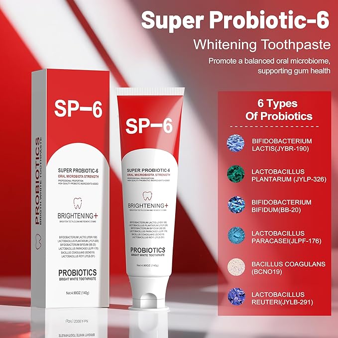 SP-6 Probiotic Whitening Toothpaste for Teeth Whitening/Brightening & Fresh Breath, 6 Probiotics Formula for Gum Health, Fluoride-Free, Minty Fresh Flavor,4.9 oz (2, Mint 2)
