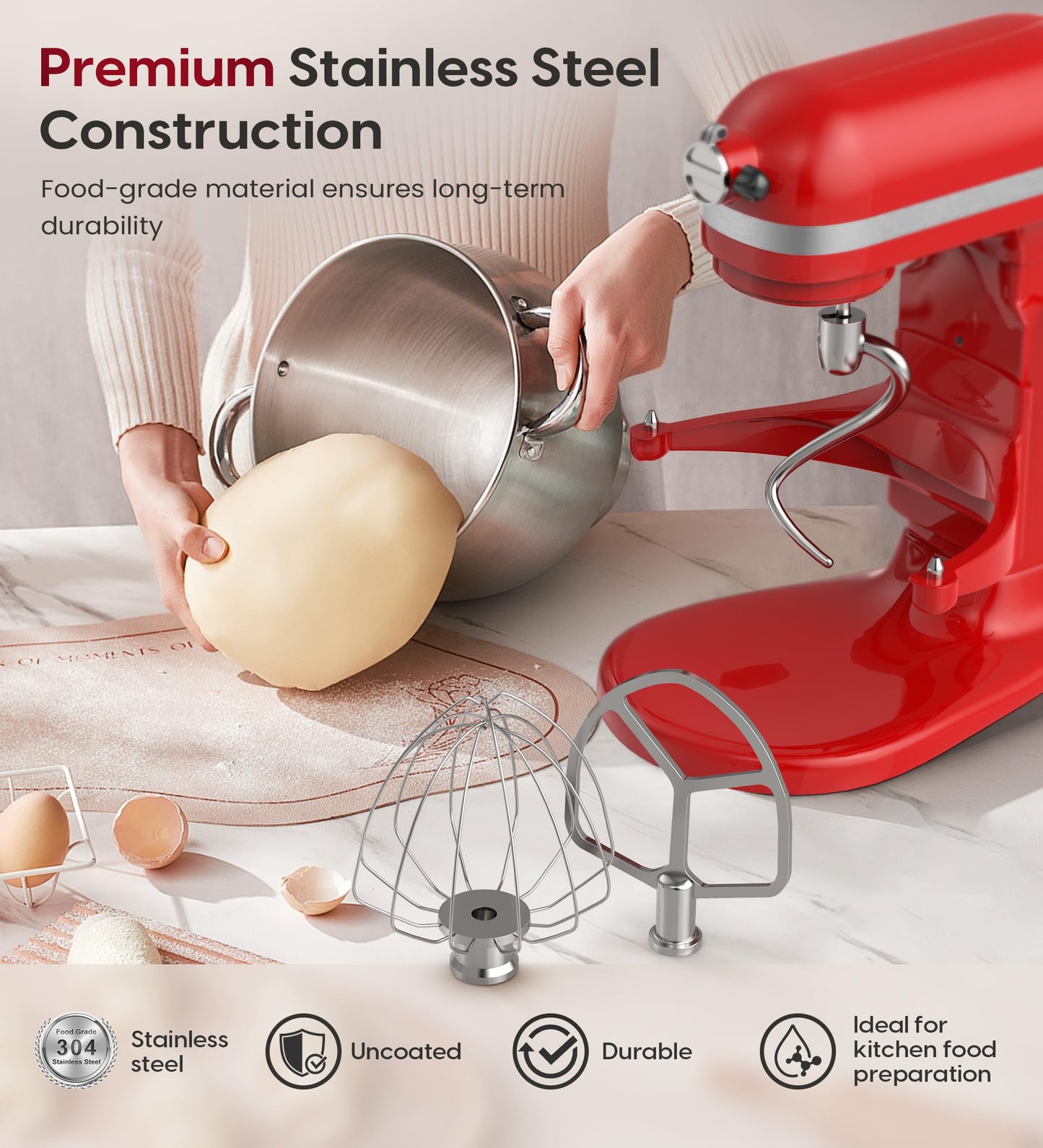 Stainless Steel Accessories 3 Piece Kit for KitchenAid 5.5 and 6 Quart Lift-Up Stand Mixers, Includes 5.5-6QT Flat Beater, Dough Hook, KN256WW 6-Wire Whisk for Kitchen Aid Attachments & 6 Qt Bowl