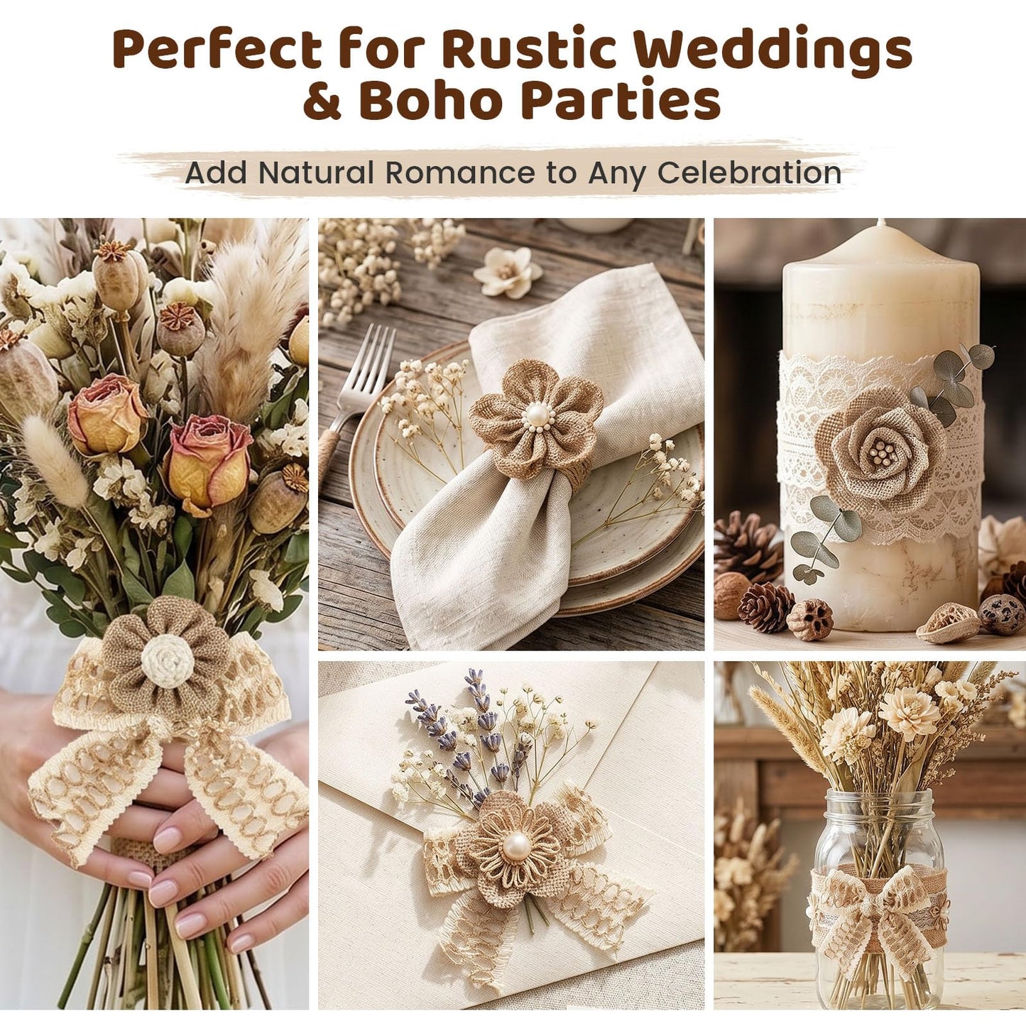 VGOODALL 32 PCS Natural Burlap Flowers Set, Burlap Bows and Scrapbook Embellishments for Wedding Party Decor Home, Embellishments for Crafts