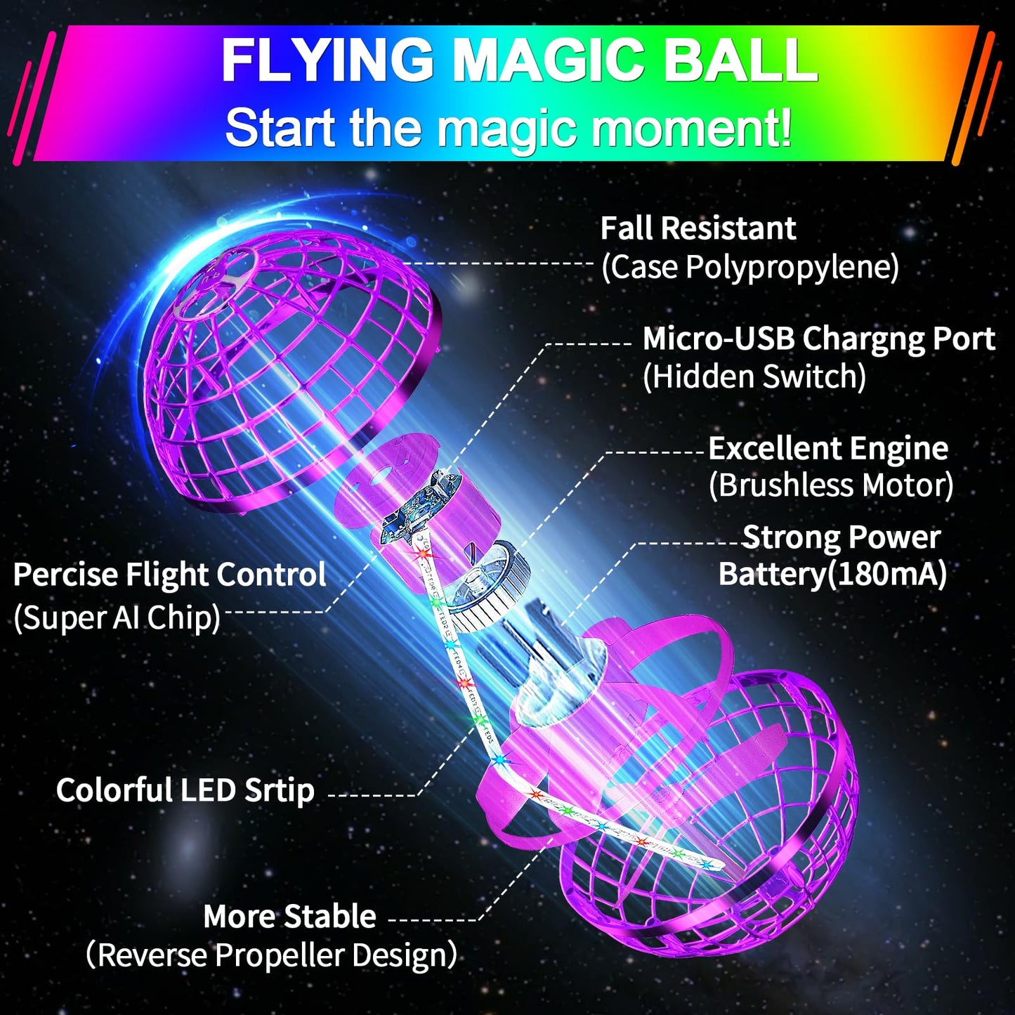 Vantexi Flying Orb Ball Toy,2026 Upgraded Parachute LED,Magic Hand Controlled Mini Gravity Ball,Cosmic Globe Boomerang,Cool Christmas Birthday Gift for 6 7 8 9 10+ Year Old Girls-Bright Purple