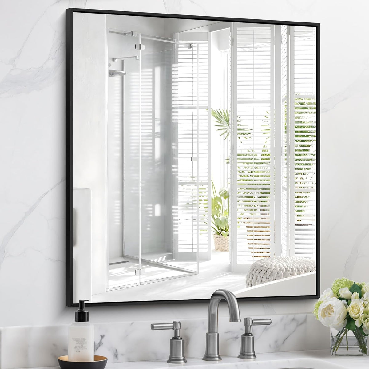 Black Bathroom Mirror for Wall, 30x36 Inch Rectangle With Metal Frame, Modern Vanity for Bathroom Living Room, Entryway Hangs Horizontal or Vertical