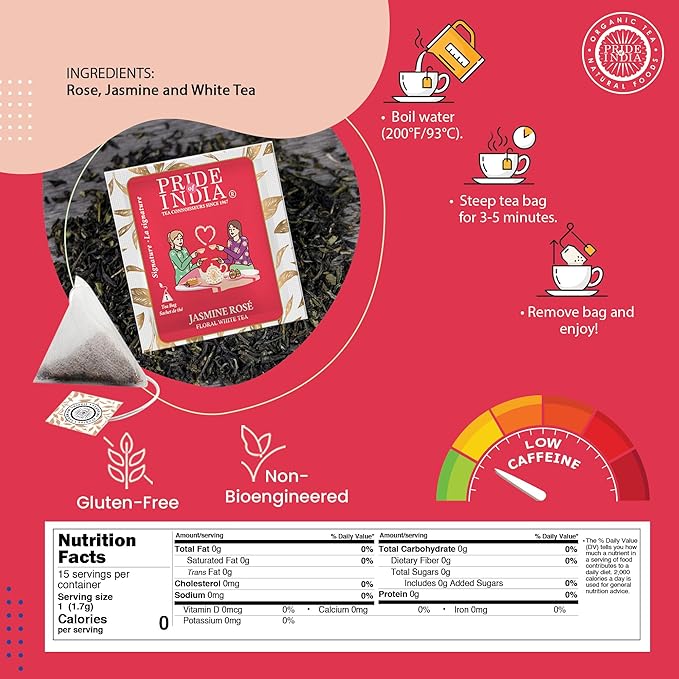 Pride of India | PACK of 6 - Jasmine Rose Royal White Tea | 15 Pyramid Full Leaf Individually Wrapped Tea Bags | Smooth & Sweet Flavor | Soothing & Calming Experience | Less Caffeine