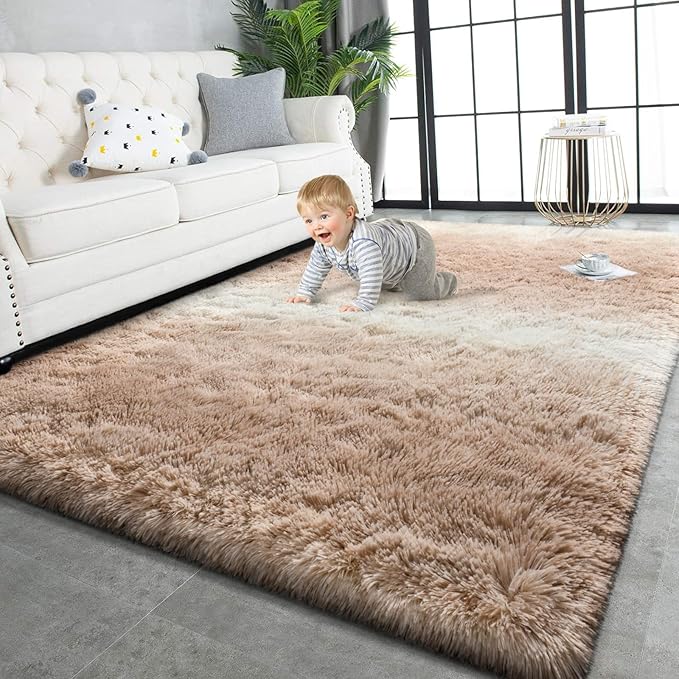 TWINNIS Super Soft Shaggy Rugs Fluffy Carpets, 8x10 Feet, Indoor Modern Plush Area Rugs for Living Room Bedroom Kids Room Nursery Home Decor, Upgrade Anti-Skid Rectangular Fuzzy Rug, Tan White