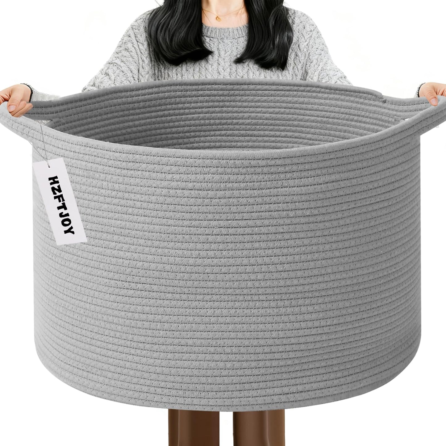 HZFTJOY 115L Extra Large Blanket Basket,Woven Rope Laundry Basket Hamper with Handles, Decorative Nursery Basket Storage Bin for Toys, Clothes Organizer, Living Room, Bedroom, Bathroom, Light Grey