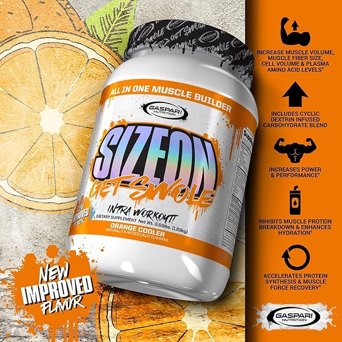 Gaspari Nutrition SizeOn, The Ultimate Hybrid Intra-Workout Amino Acid & Creatine Formula, Increased Muscle Volume & Muscle Recovery (Orange Cooler, 24 Servings)