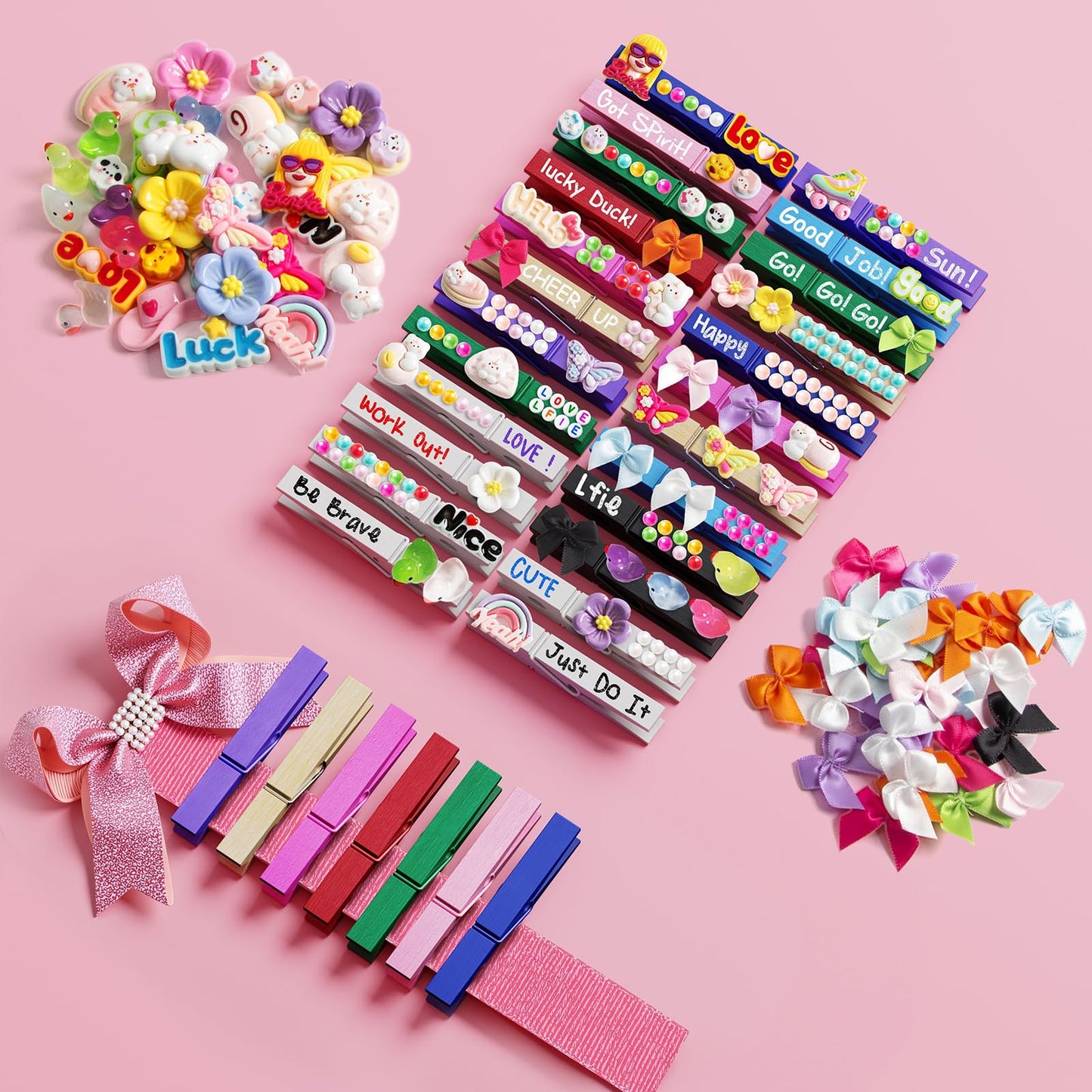 Dufvrpe Cheer Pins Kit with 100pcs 2.8" Clips - 80 Mini Bows, 12 Cheer Ducks, 416 Letters & 35 Decorations for Cheerleaders, Volleyball Teams | Spirit Clips with Glue & Tools