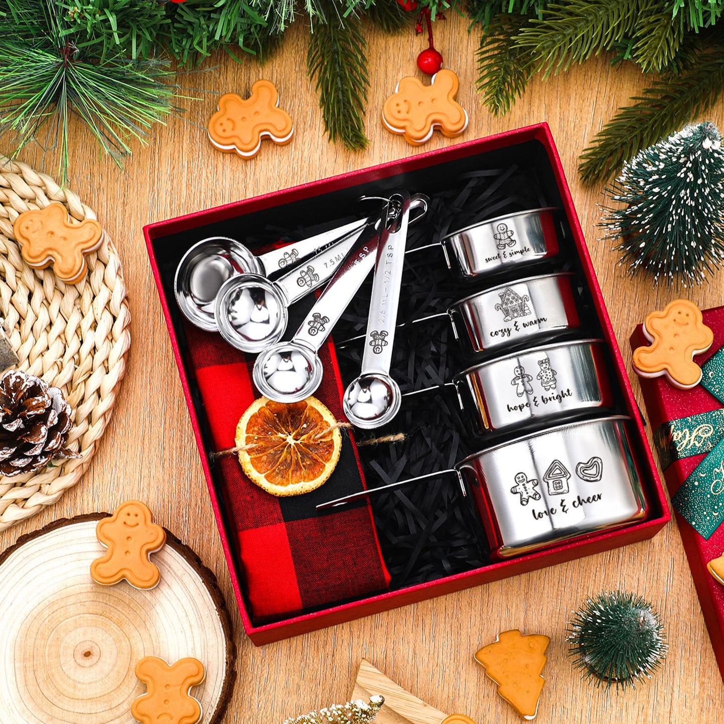 Nuogo 10 Pcs Christmas Measuring Cups and Spoons Set Christmas Gift Box Include 4 Stainless Steel Measuring Cups 4 Measuring Spoons and 1 Red and Black Plaid Towel Xmas Gift for Women