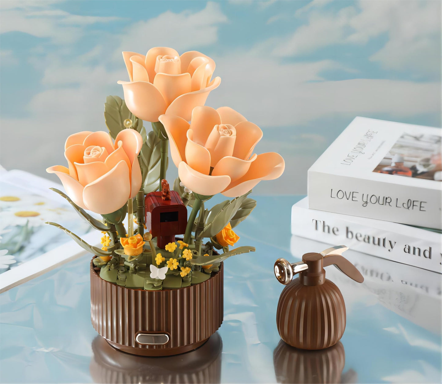 Yushinv Electric Flower Bouquet Building Set with Remote Control Spray-Bottle, 255 PCS,Original Music (Type :Symphony) Motorized Roses Flowers STEM Construction Kit, Automatic Blooming Bouquet