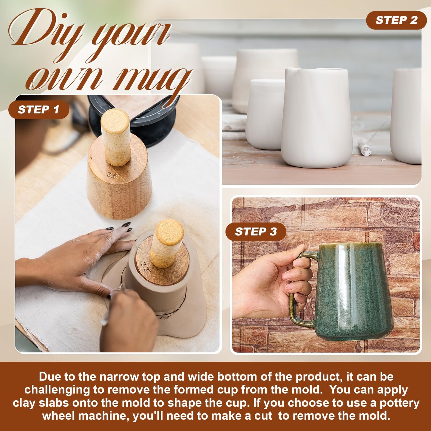Colingmill 3 Sizes Wood Molds for Pottery 12oz, 15oz, 18oz with Removable Handle Wood Shaping Tool for DIY(Narrow-mouthed)
