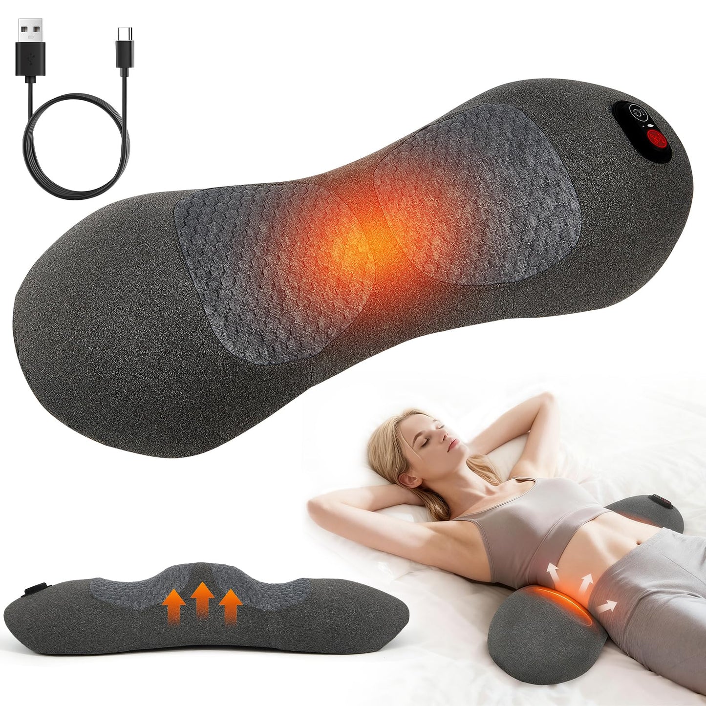KITCADA Electric Lumbar Massager Support Pillow 3 in 1 with Adjustable Height for Bed and Chair, Back Massager with Heat, Massage for Pain Relief Deep Tissue, Waist Wedge Bolster
