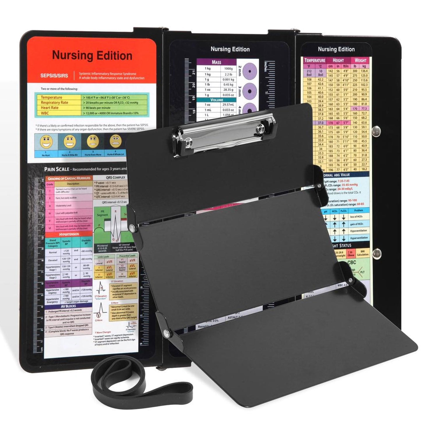 Rokolo Foldable Aluminum Nursing Clipboard with Cheat Sheets - Black (Letter Size, 30 Sheet Capacity)