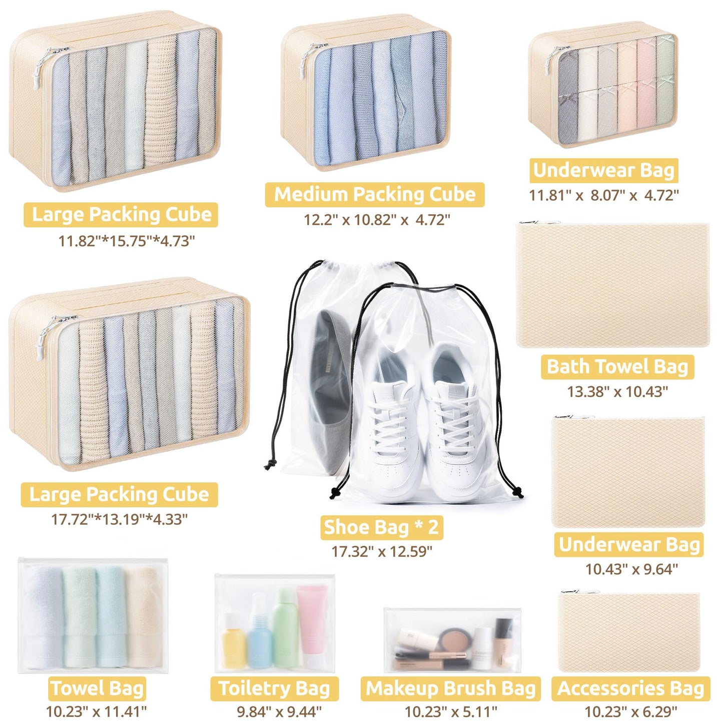 All-in-One 22 Pcs Packing Cubes for Travel Essentials –Includes Cubes,toothbrush covers，Silicone Bottle Cover,zipper bags, Matte Cosmetic Bag, Drawstring bag for Carry-On & Suitcase