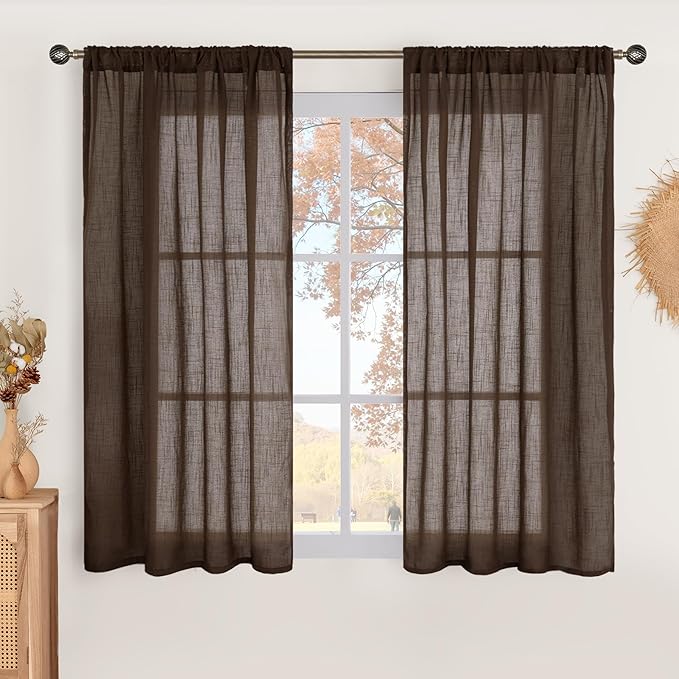BGment Brown Linen Curtains 45 Inch Length for Window, Short Semi Sheer Drapes Light Filtering for Bedroom Kitchen Bathroom Decor Lightweight Rod Pocket, 2 Panels Set, Each 42 Inch Wide