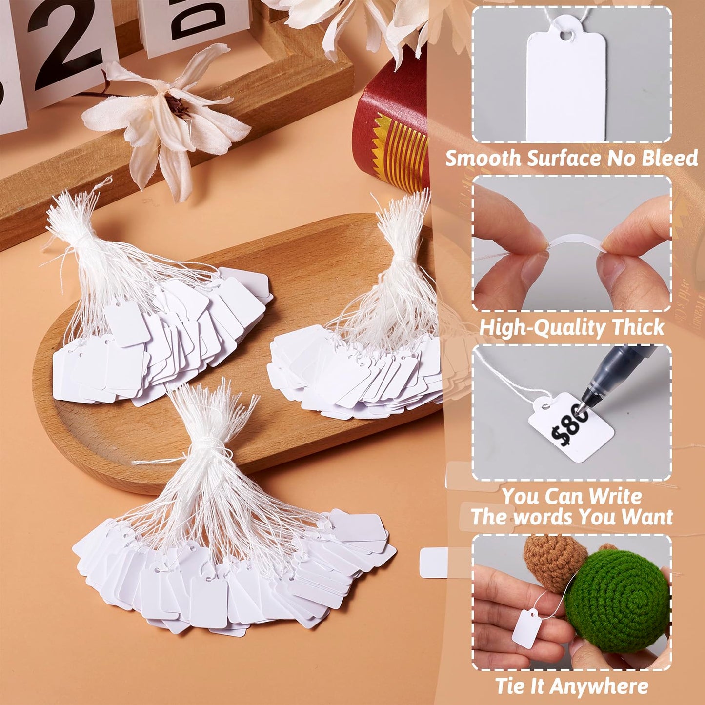 Pandahall 500pcs White Jewelry Price Tags Clothing Display Tag Gift Message Card Writable Rectangle Paper Price Marking Label Design Blank with Hanging String 23x13mm/0.9x0.5 Inch