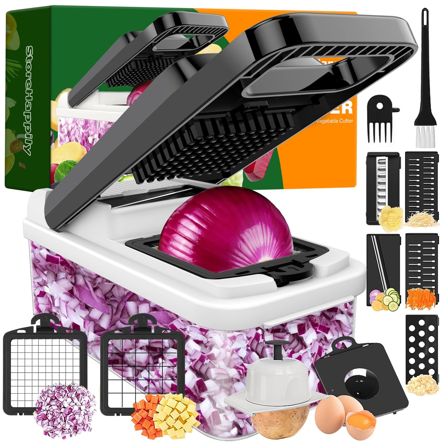 StoreHappily 12-in-1 Vegetable Chopper, 7 Blades Veggie Chopper with Container and Lid, Dicer, Slicer, Multifunctional Kitchen Gadgets, Vegetable Cutter with Handle, Onion Cutter(Black/White)