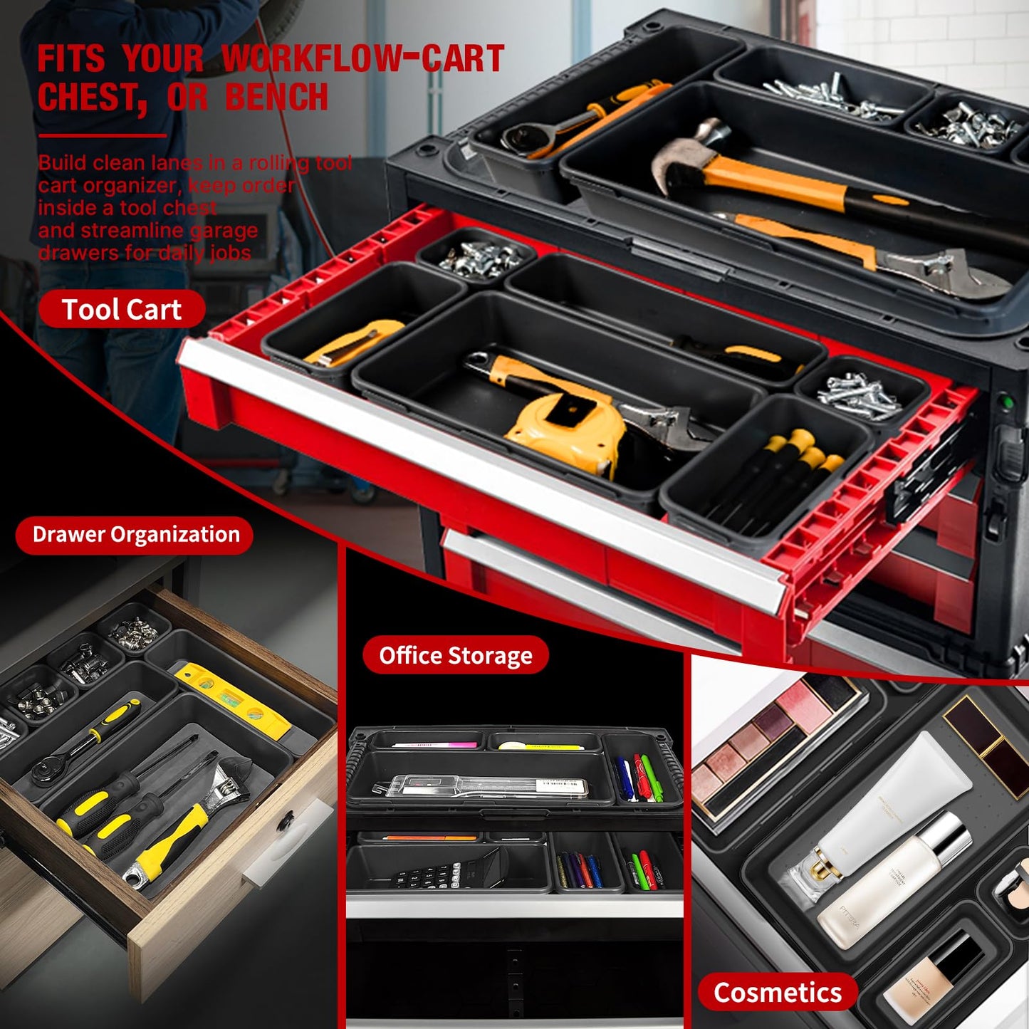 inihpocv 【48PCS & 5 Sizes】 Tool Box Organizer Tray, Toolbox Drawer Organizer with Non-Slip Pads, Desk Drawer Divider Set, Fits Rolling Tool Chest Cabinet for Garage & Workbench