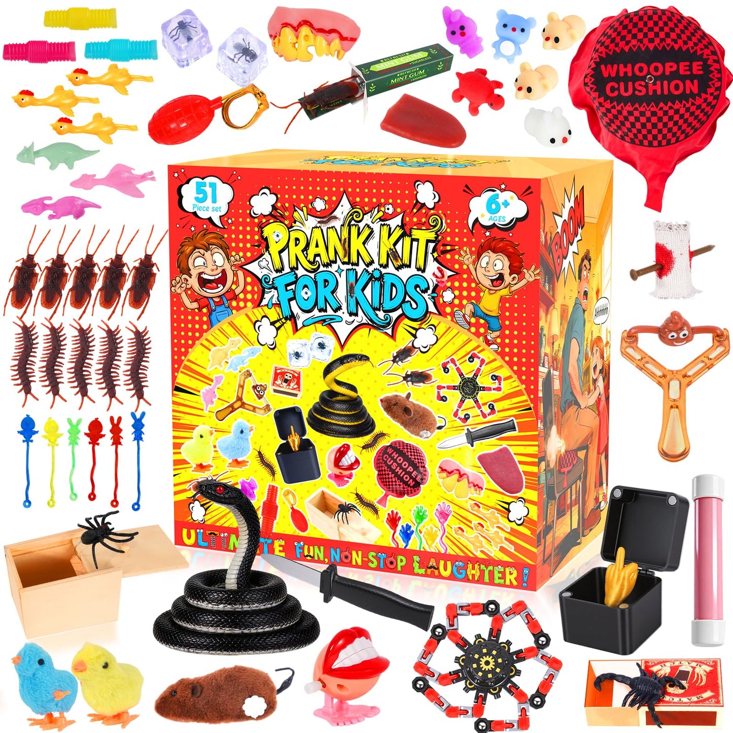 ZESKUU 51PCS Prank Kit for Kids - Ultimate Practical Joke Toys Set - Prank Stuff for April Fools Day, Halloween, Christmas - Funny Gag Gifts Pack Box for Kids