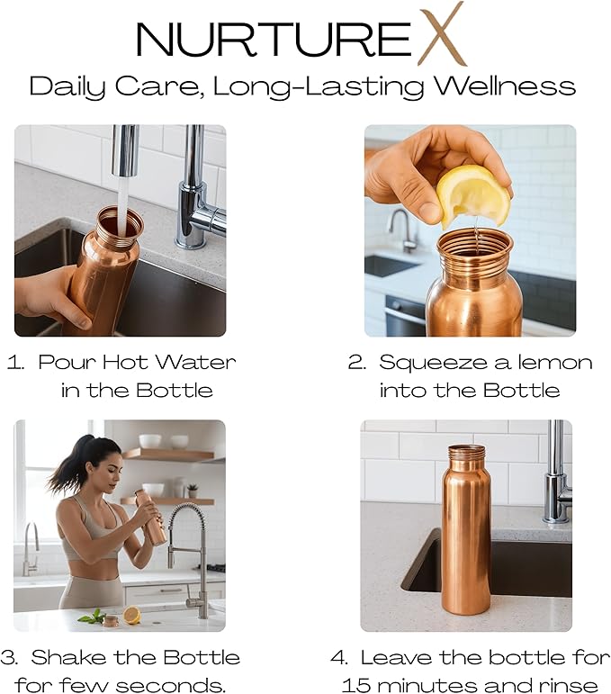 Pure Copper Water, Bottle 34 Oz / 1 Liter, Leak-Proof, Joint-Free, Anti-Tarnish Protective Coating, Handcrafted, Eco-Friendly & Ayurvedic Drinkware for Yoga, Gym & Office - Smooth