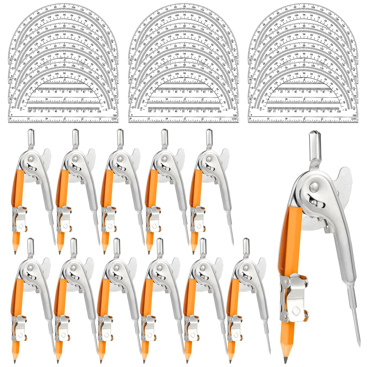 24 Pack Geometry Tool Set, Math Compass for Geometry and 6 Inch Protractor Set Include Metal Compass with Pencil and Clear Plastic Protractor for Student Classroom Office Woodworking Art Drawing