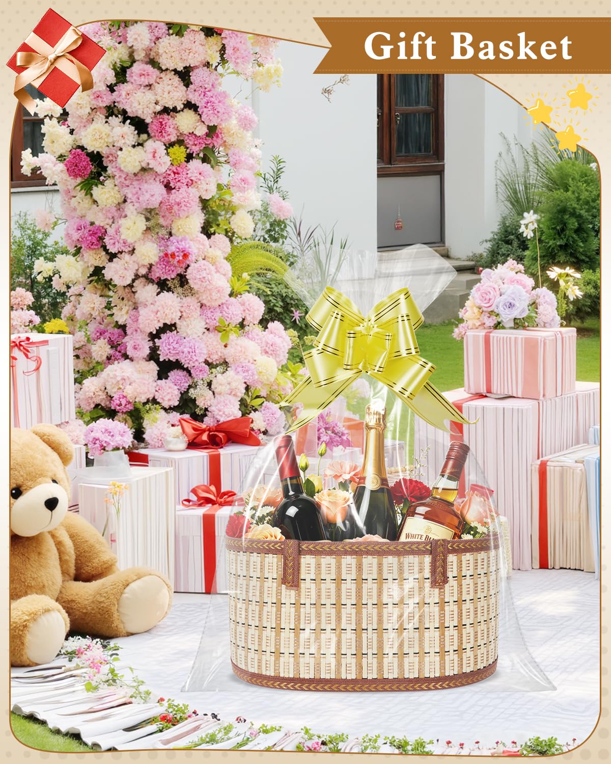 2 Set Baskets for Gifts Empty, Woven Bamboo Gift Basket Kit with Handles, Foldable Empty Gift Baskets to Fill with Wrap Bags, Pull Bows, Cards & Raffia for Baby Baptisms, Father's Day, Housewarming