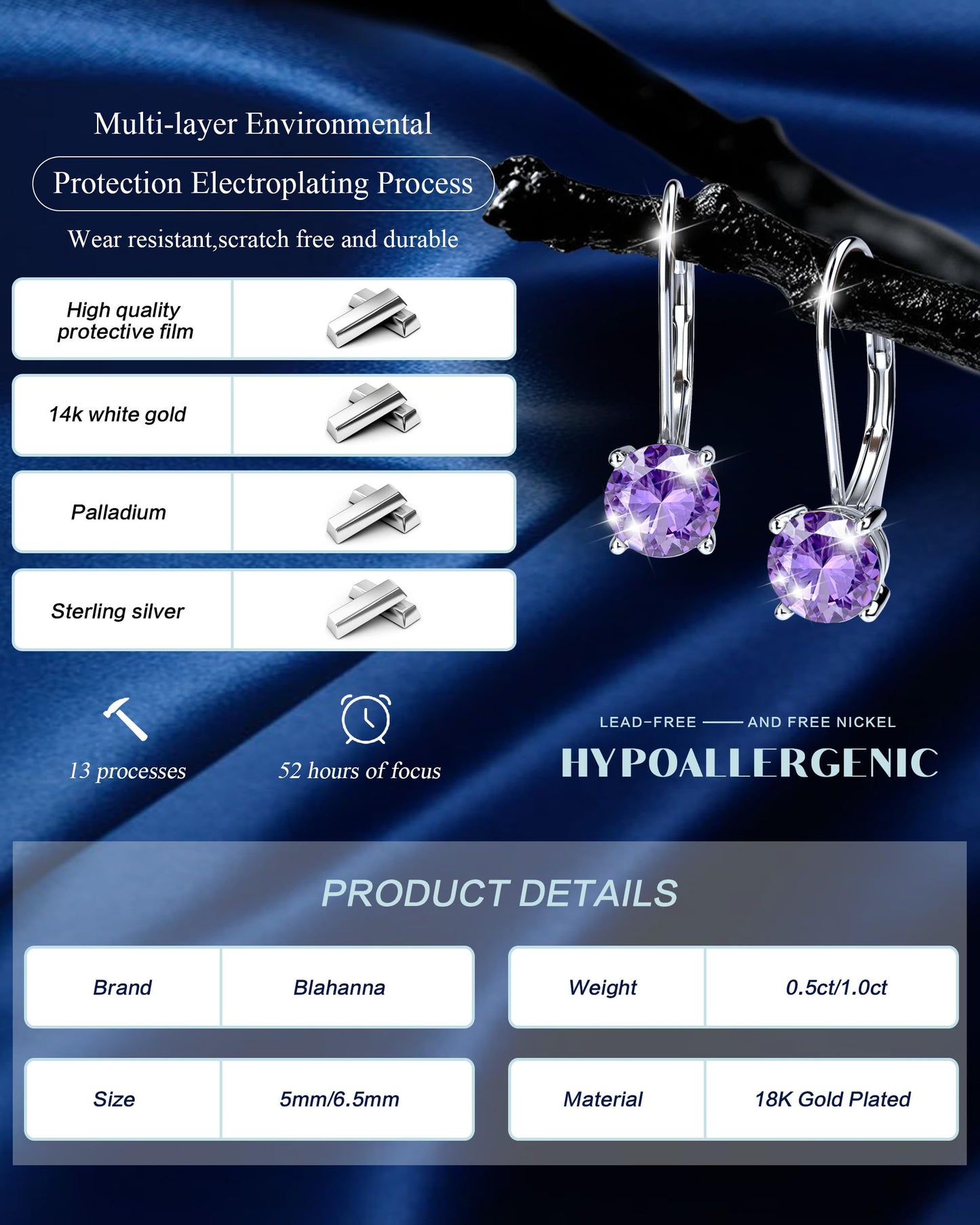 Blahanna Moissanite Earrings,1.0ct-2.0ct D Color Brilliant Round Cut Earrings S925 Sterling Silver Dangle Earrings Moissanite Leverback Drop Earring