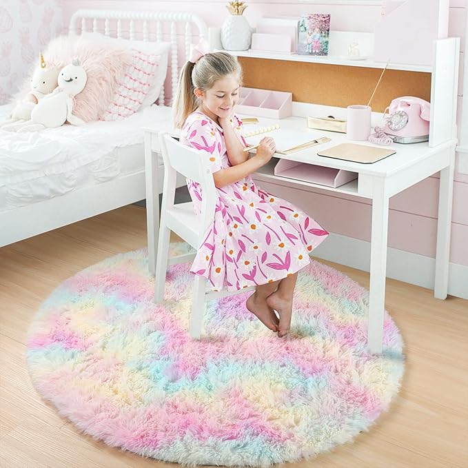Amdrebio Rainbow Fluffy Small Round Rug 3Ft Kids Rugs for Girls Bedroom, Unicorn Room Decor, Colorful Pastel Shag Carpet for Dorm, Soft Cute Fuzzy Kawaii Circle Area Rugs for Baby Nursery, Playroom