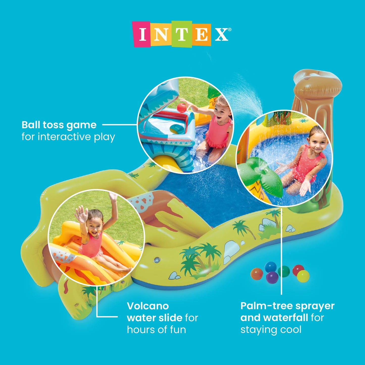 Intex Inflatable Dinosaur Play Center Outdoor Playhouse Inflatable Water Park with Kid Pool Slide, Water Sprayer, Waterfall, and 6 Balls, Multicolor