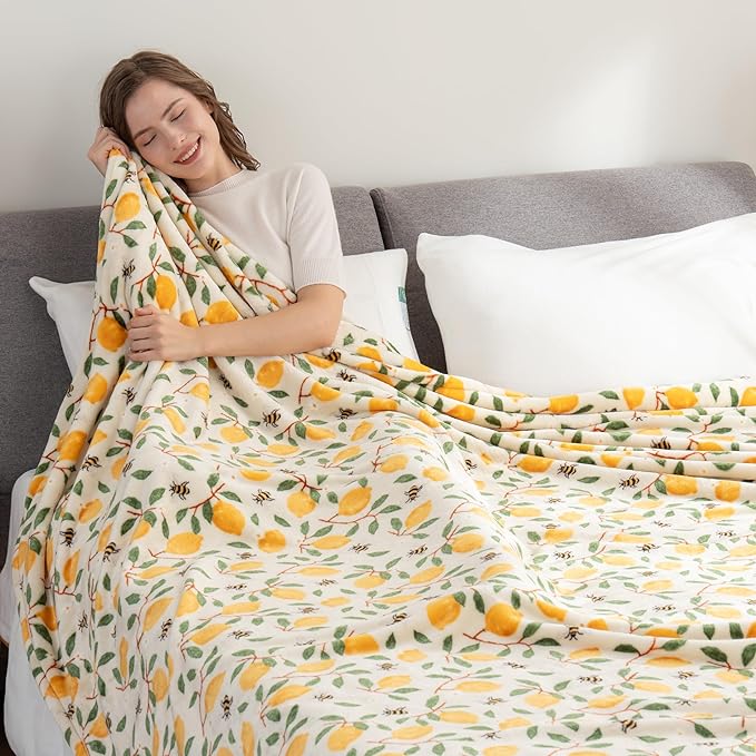 Berkshire Blanket-Classic Heavyweight Warm Soft Printed VelvetLoft® Plush Blanket, King Size Soft Fuzzy Blanket for Couch Sofa Bed, Lemons and Bees Yellow, 90in x 108in