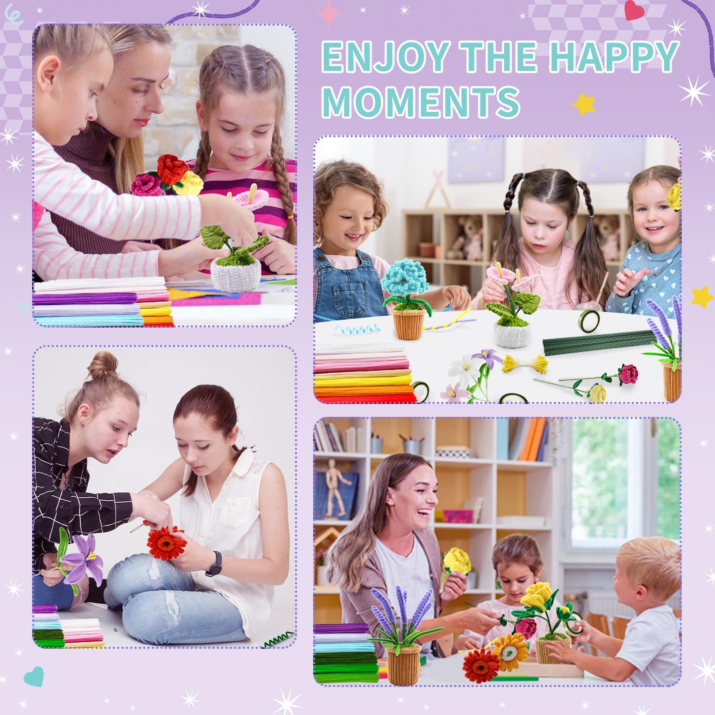 POMBUDS 572 PCS Pipe Cleaners Flower Kit, 13 Colors Chenille Stems with Floral Wires, Stamen, Tapes, Dot Glue, Instruction & White Box – DIY Craft Set for Handmade Bouquets