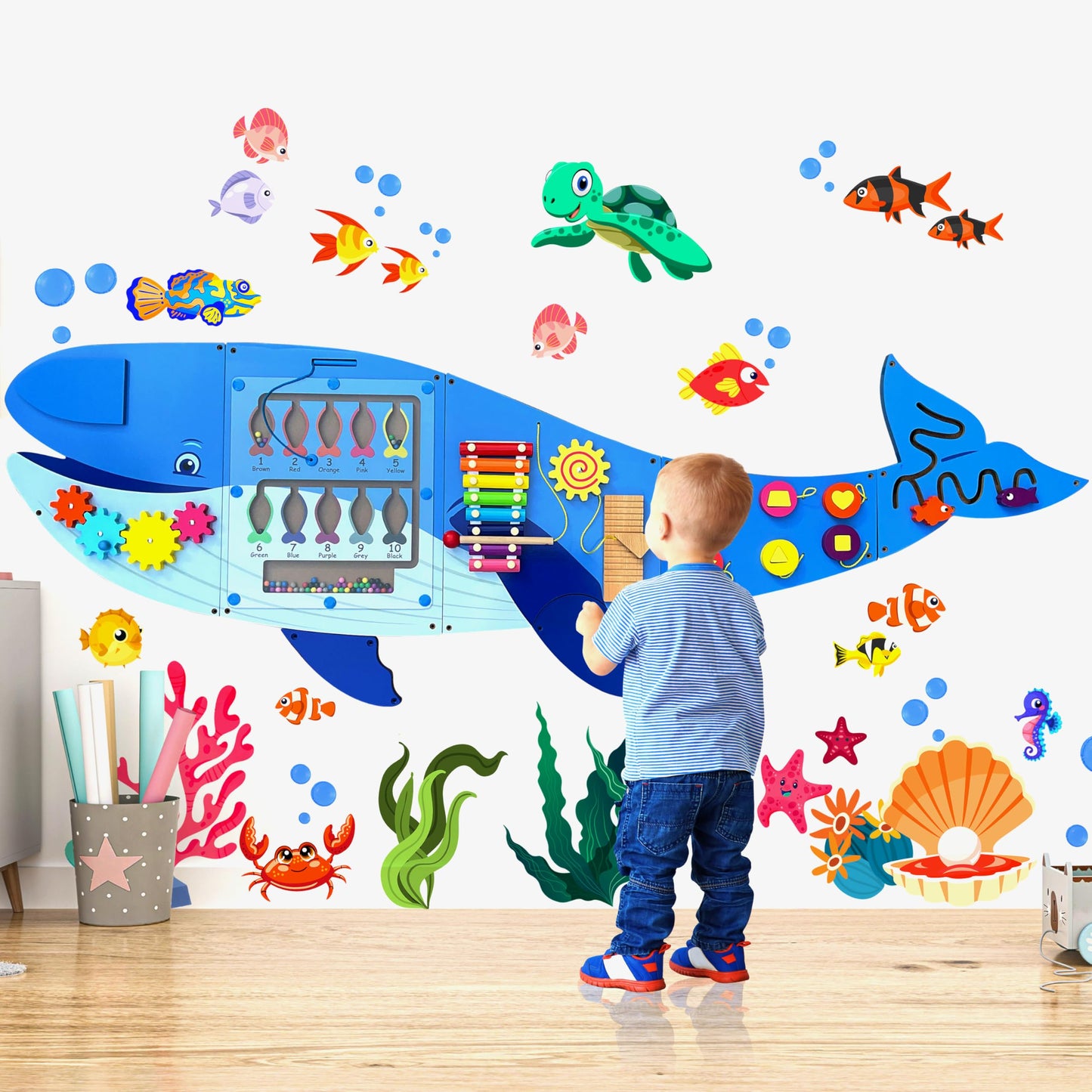 Molcey Sensory Wall Panel for Kids, Includes Removable Theme Stickers, Large Busy Board Wall Mounted Activity Board for Toddlers 1-3, Montessori Wall Toys Interactive Play Panel for Babies Ages 3-5