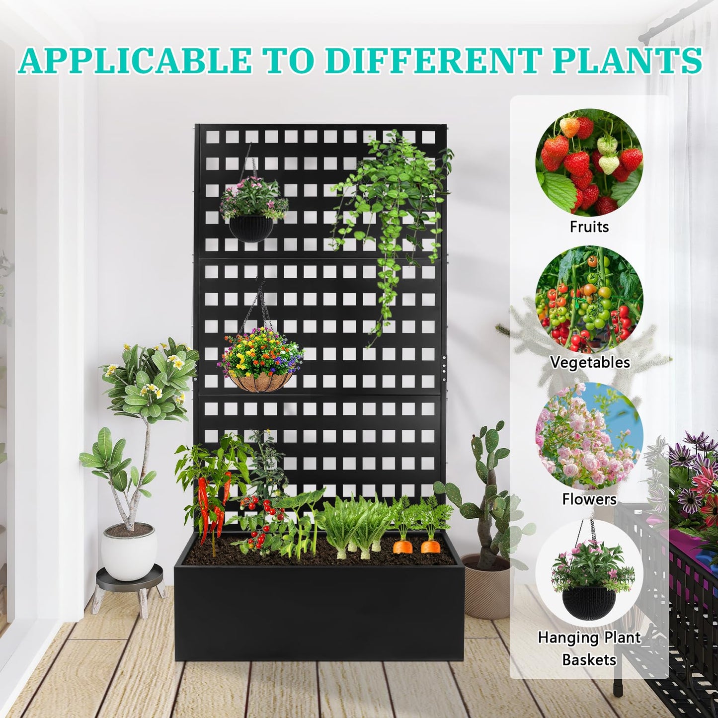 TRVFPON Metal Planter Box with Trellis Raised Garden Bed with Drainage Holes， Privacy Planters for Patio as a Privacy Screen for Climbing Plants Outdoor (35x18x71Inch)