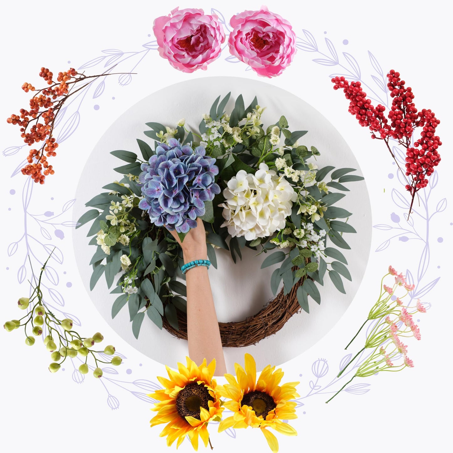 All-Season Interchangeable Grapevine Wreath - DIY Kit with Faux Silk Flowers, Leaves and Berries - Front Door Decor for Spring, Summer, Fall and Winter