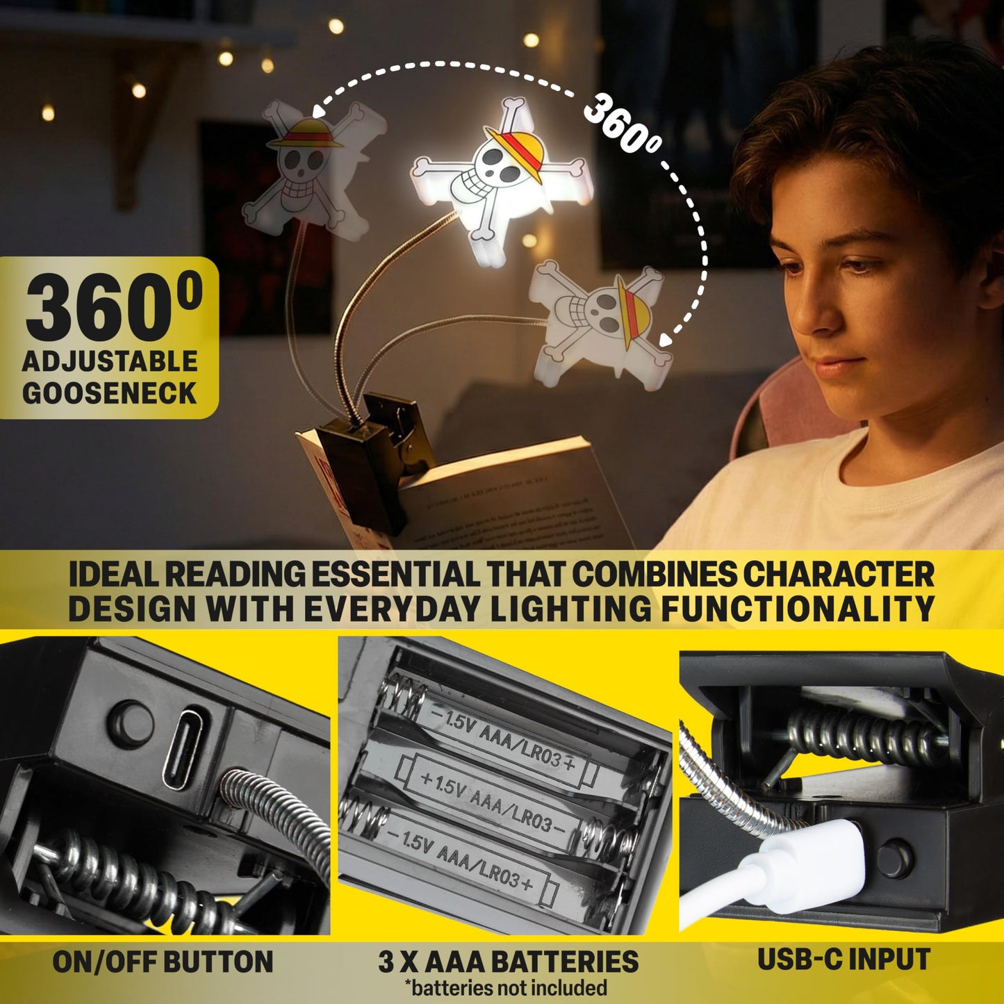 Get Trend One Piece 3D Book Light for Reading at Night, Clip On 360° LED Reading Lights in Bed, Eye Caring 3 Dimming Brightness, Battery & USB Straw Hat Clamp Lamp, Anime Gifts for Book Lovers