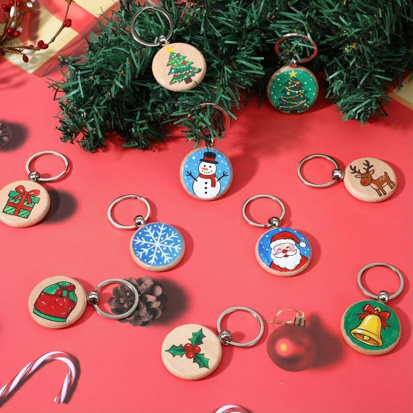 MAQUITA 100 PCS Wooden Keychain Blanks for Engraving, Wood Engraving Blanks Key Chain, DIY Wooden Key Ring Keys Tag