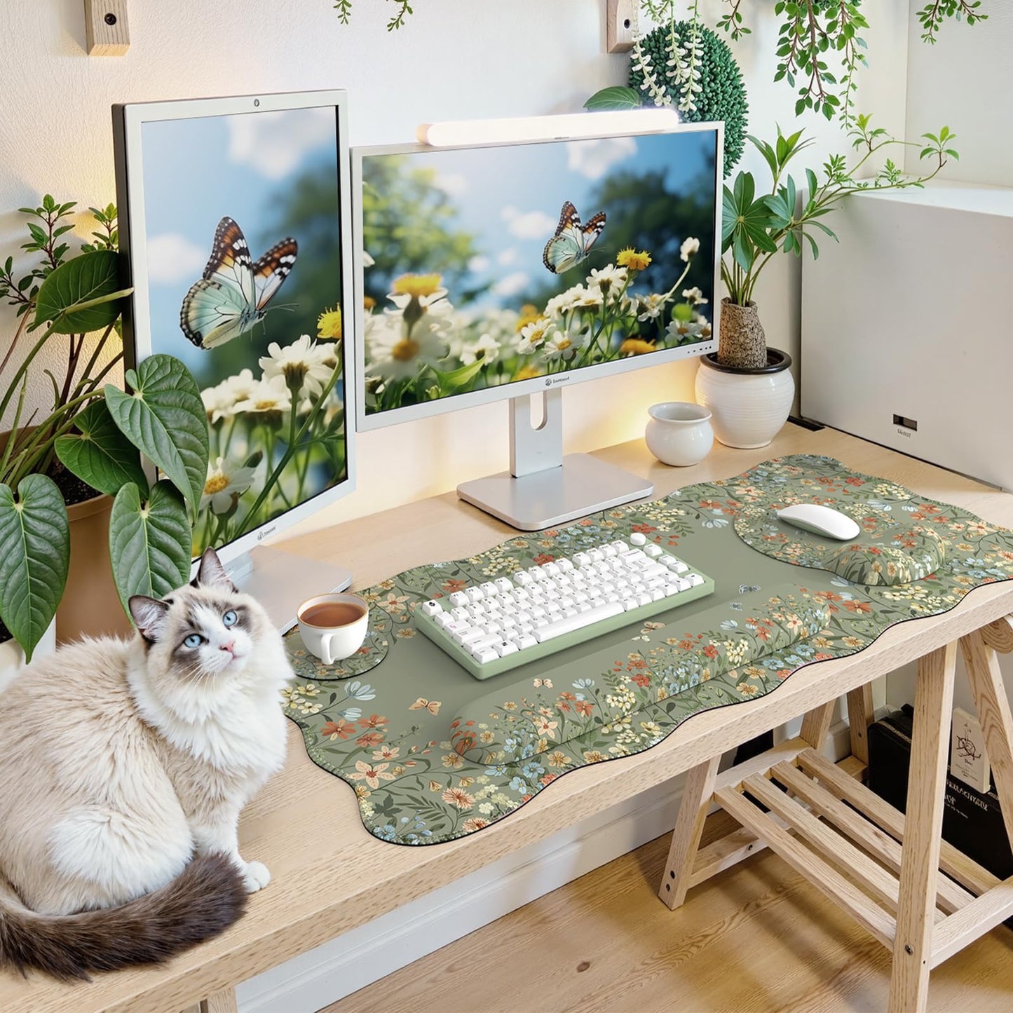 iCasso Desk Mat Set,Large Mouse Pad with Wrist Rest,Ergonomic Keyboard Wrist Support for Women,Girly Floral Computer Mat with Scalloped Edges,Non-Slip Desk Pad Home Office Gaming (Green)