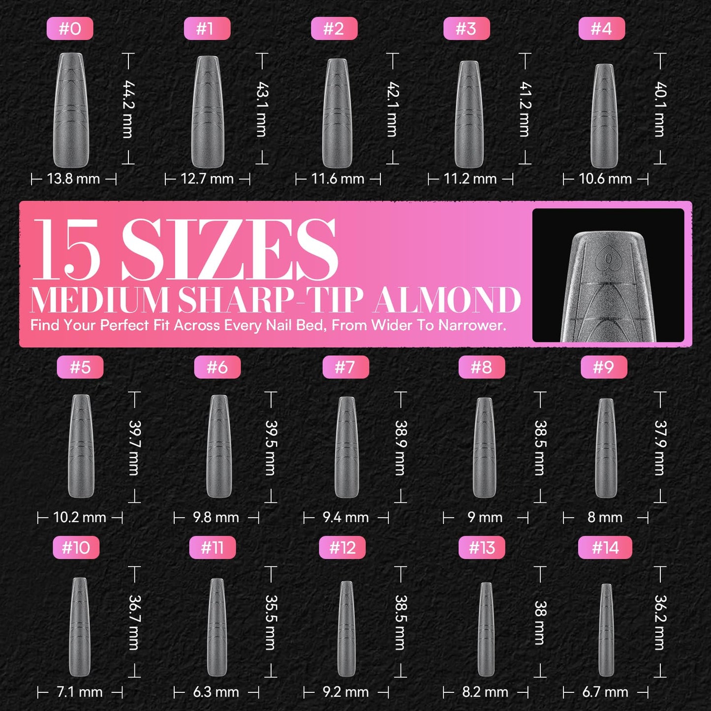 Makartt Extra Long Coffin Nail Tips with Built-In Length and Shape Guides, 240PCS 15 Sizes, Dual Matte Full Cover for Easy Reshaping to Almond, Square, Oval Tips for Beginners, DIY Nails, Salon Supply