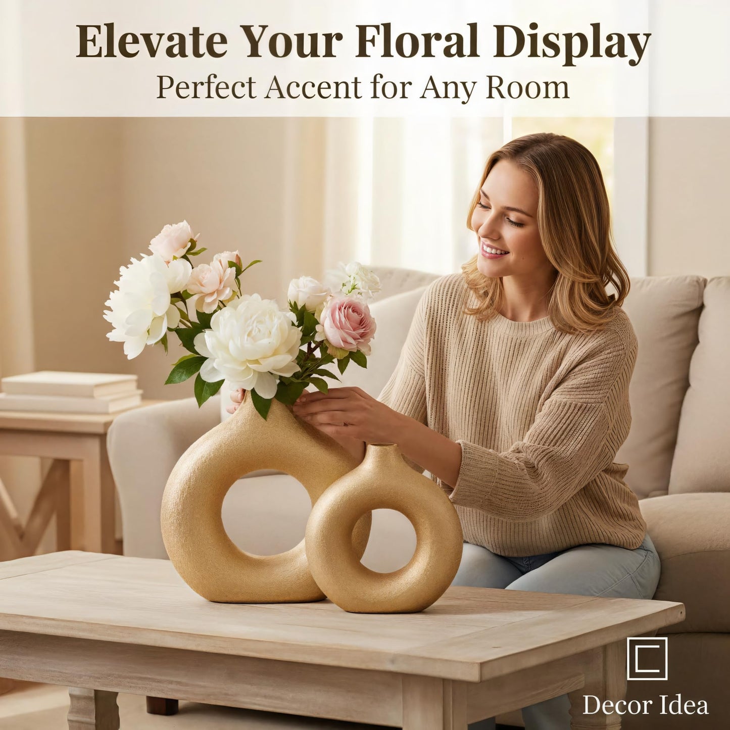 Modern Donut-Shaped Decorative Vases, Handmade Minimalist Boho ins Style, Modern Vase for Home Decor for Wedding Dinner Table Party Living Room Office Bedroom (Gold, Large + Small)