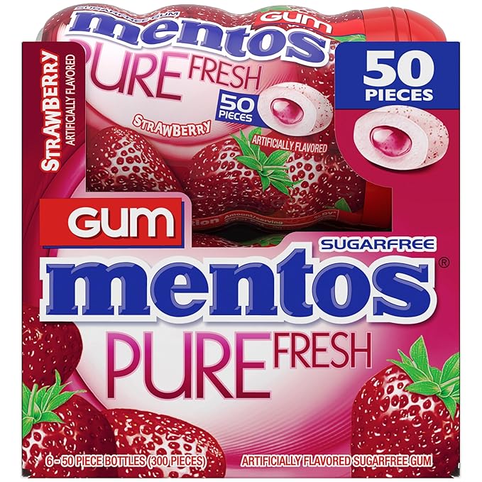 Mentos Pure Fresh Sugar-Free Chewing Gum with Xylitol, Strawberry, 50 Piece Bottle (Bulk Pack of 6)