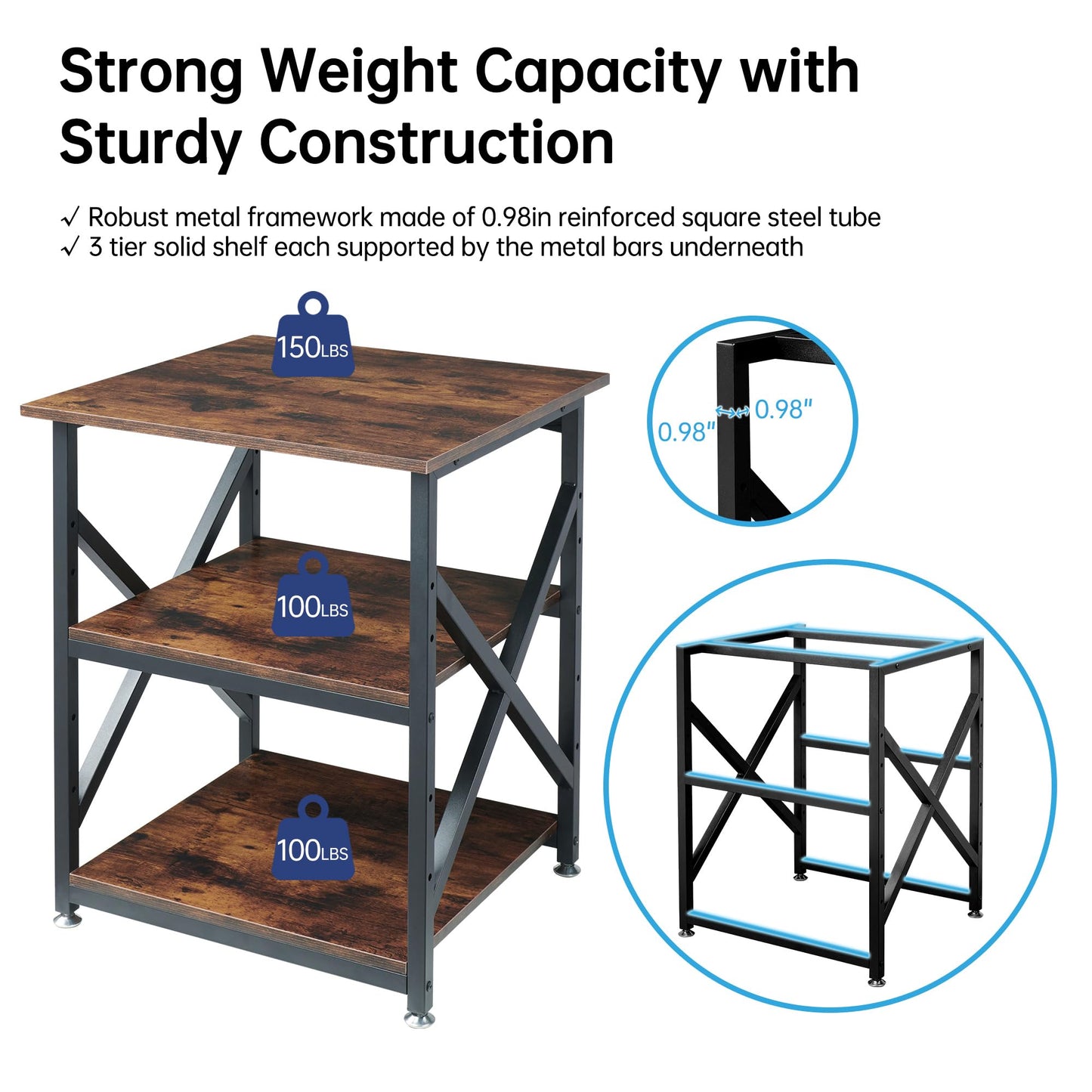 Fannova 23.6 x 23.6 Inches Large Printer Stand, 3 Tier Square Printer Table with Height Adjustable Storage Shelf, Rolling Printer Cart with Industrial Wheels for Home Office - Rustic Brown