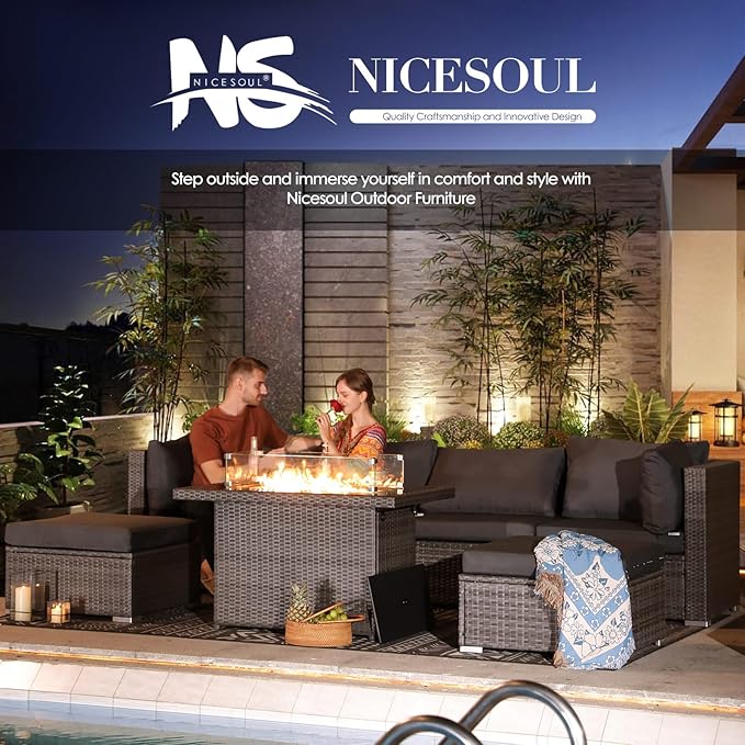 NICESOUL 7 Piece Outdoor Patio Sectional Furniture Set with Fireplace Natural Gas/Propane, 29.3'' High Back Comfortable Wicker Conversations, Large Size Deep Seats Couches for Garden Backyard, Gray